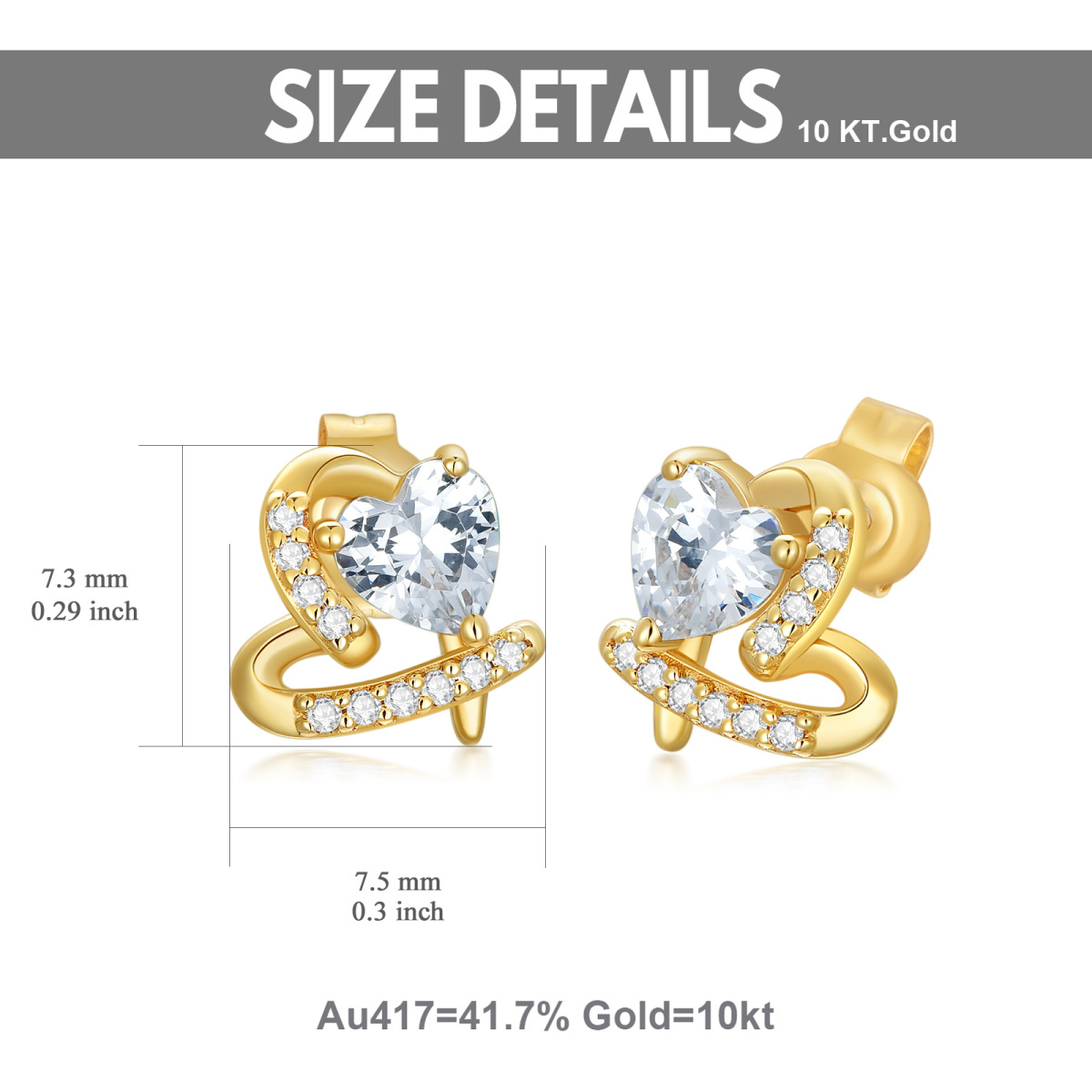 Boucles d'oreilles à tige en forme de cœur en or 10 carats et moissanite-5