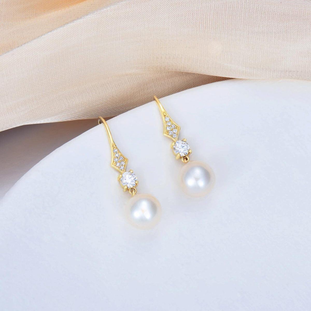 10K Gold Moissanite & Pearl Bead Drop Earrings-3