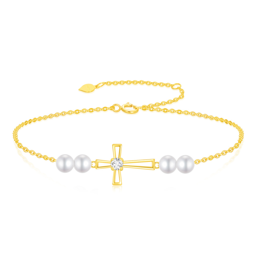 10K Gold Moissanite & Pearl Cross Charm Bracelet-1