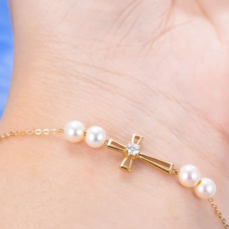 10K Gold Moissanite & Pearl Cross Charm Bracelet-3