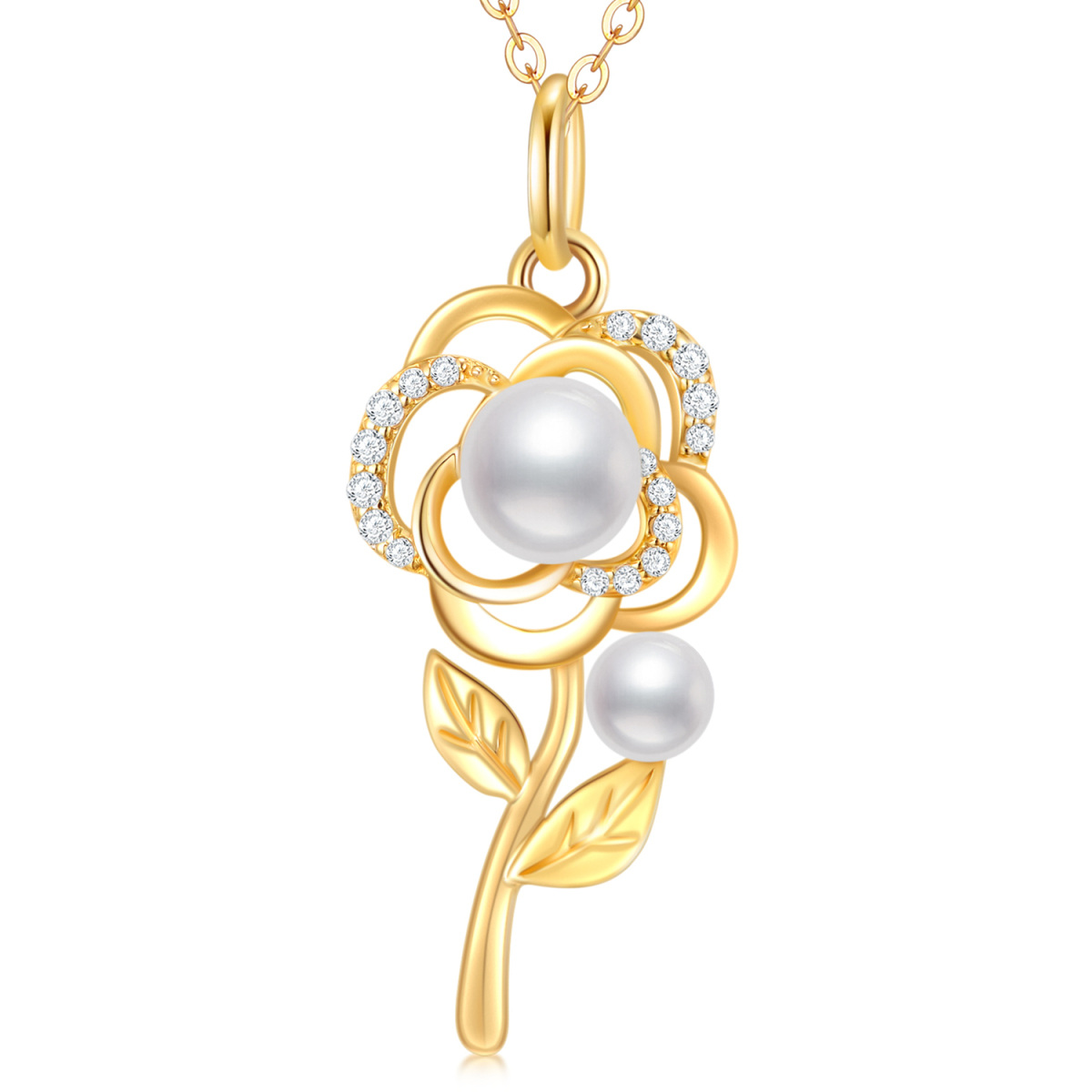 14K Gold Moissanite & Pearl Rose Pendant Necklace-1