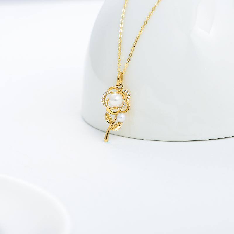 18K Gold Moissanite & Pearl Rose Pendant Necklace-3