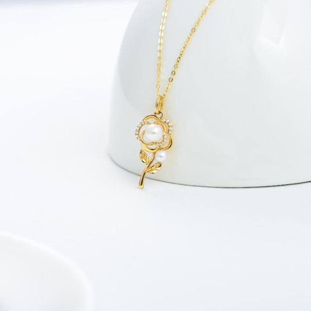 14K Gold Moissanite & Pearl Rose Pendant Necklace-3