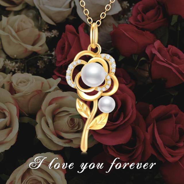 18K Gold Moissanite & Pearl Rose Pendant Necklace-6