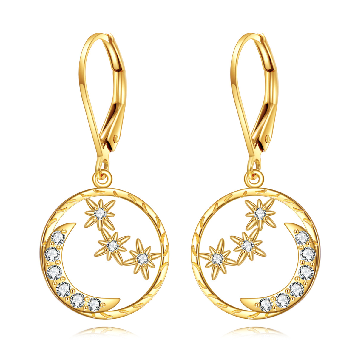 Boucles d'oreilles pendantes en or 10 carats avec zircone cubique et étoile de lune-1