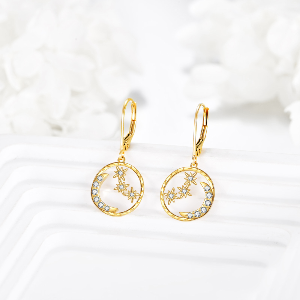 18K Gold Cubic Zirconia Moon & Star Drop Earrings-3