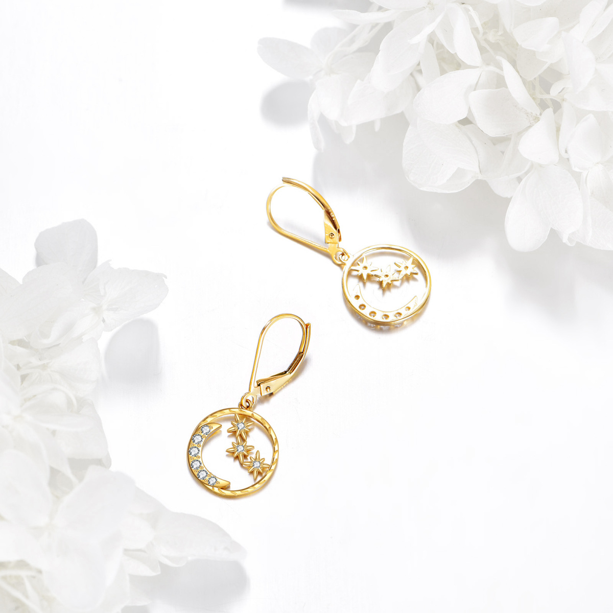 10K Gold Cubic Zirconia Moon & Star Drop Earrings-4