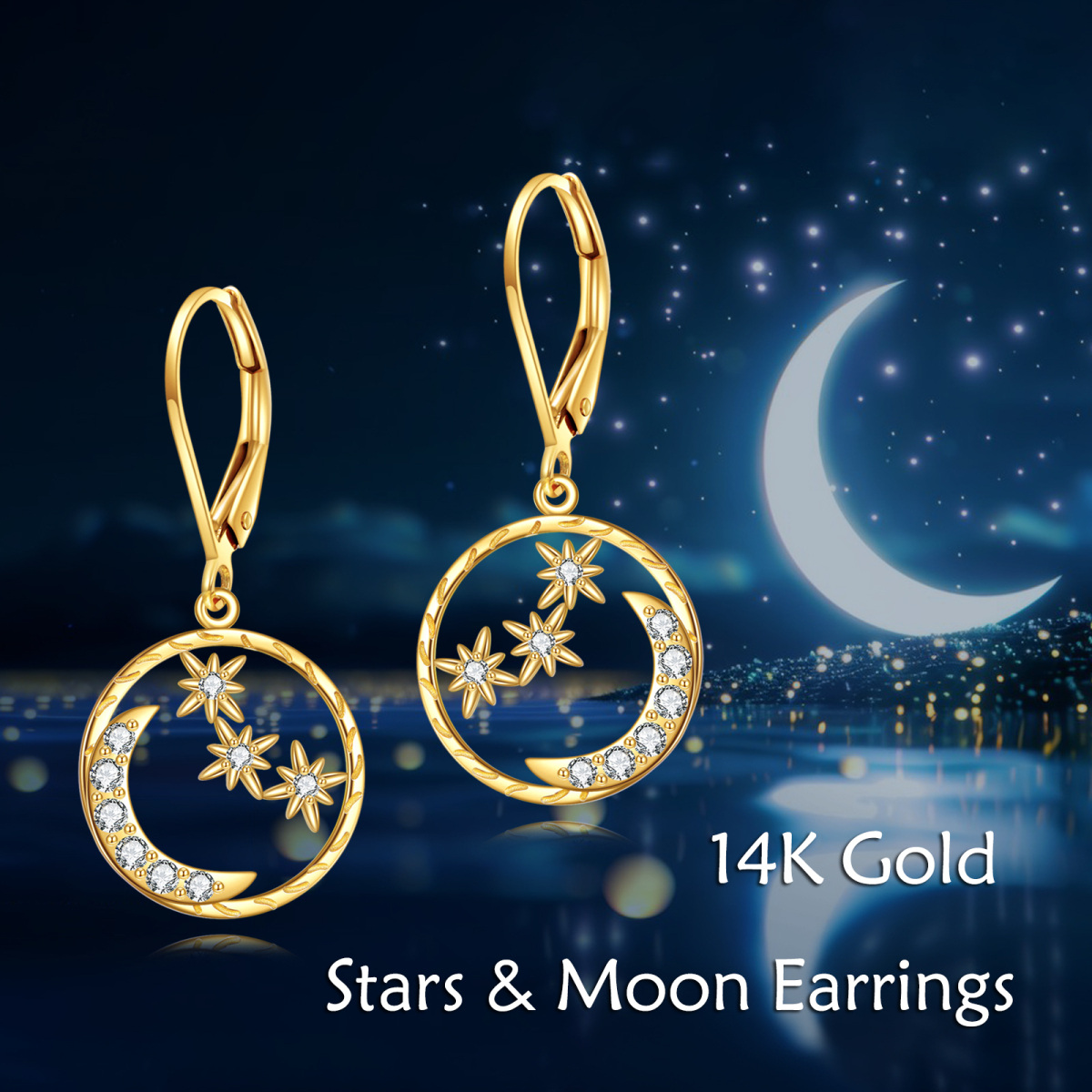 14K Gold Cubic Zirconia Moon & Star Drop Earrings-6