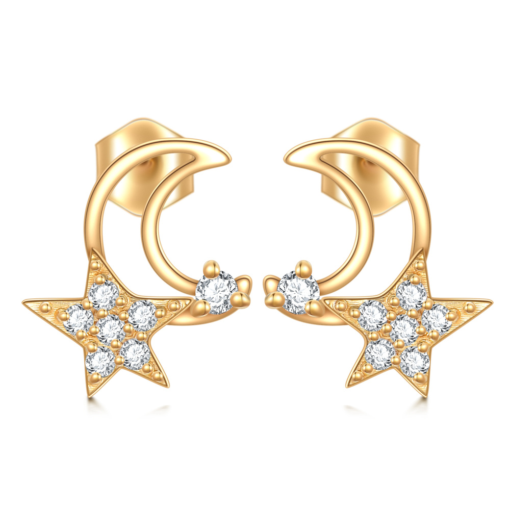 Pendientes de oro de 10 quilates con circonita cúbica, luna y estrella-1