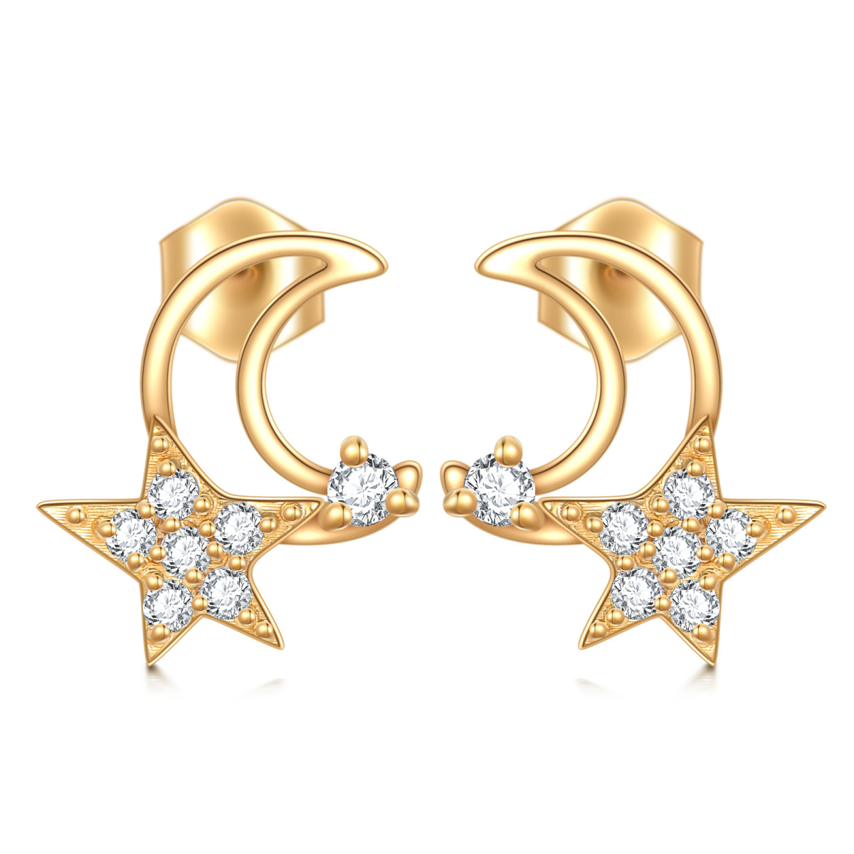 10K Gold Cubic Zirconia Moon & Star Stud Earrings-1