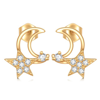 10K Gold Cubic Zirconia Moon & Star Stud Earrings-2