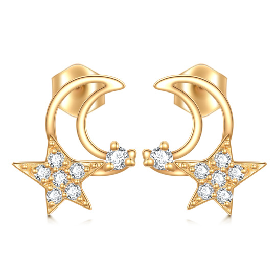 10K Gold Cubic Zirconia Moon & Star Stud Earrings