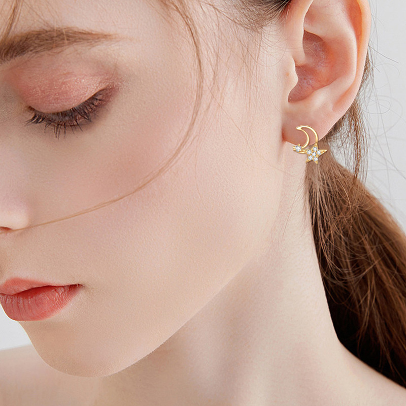 10K witgouden oorbellen met kubieke zirkonia, maan en ster-2