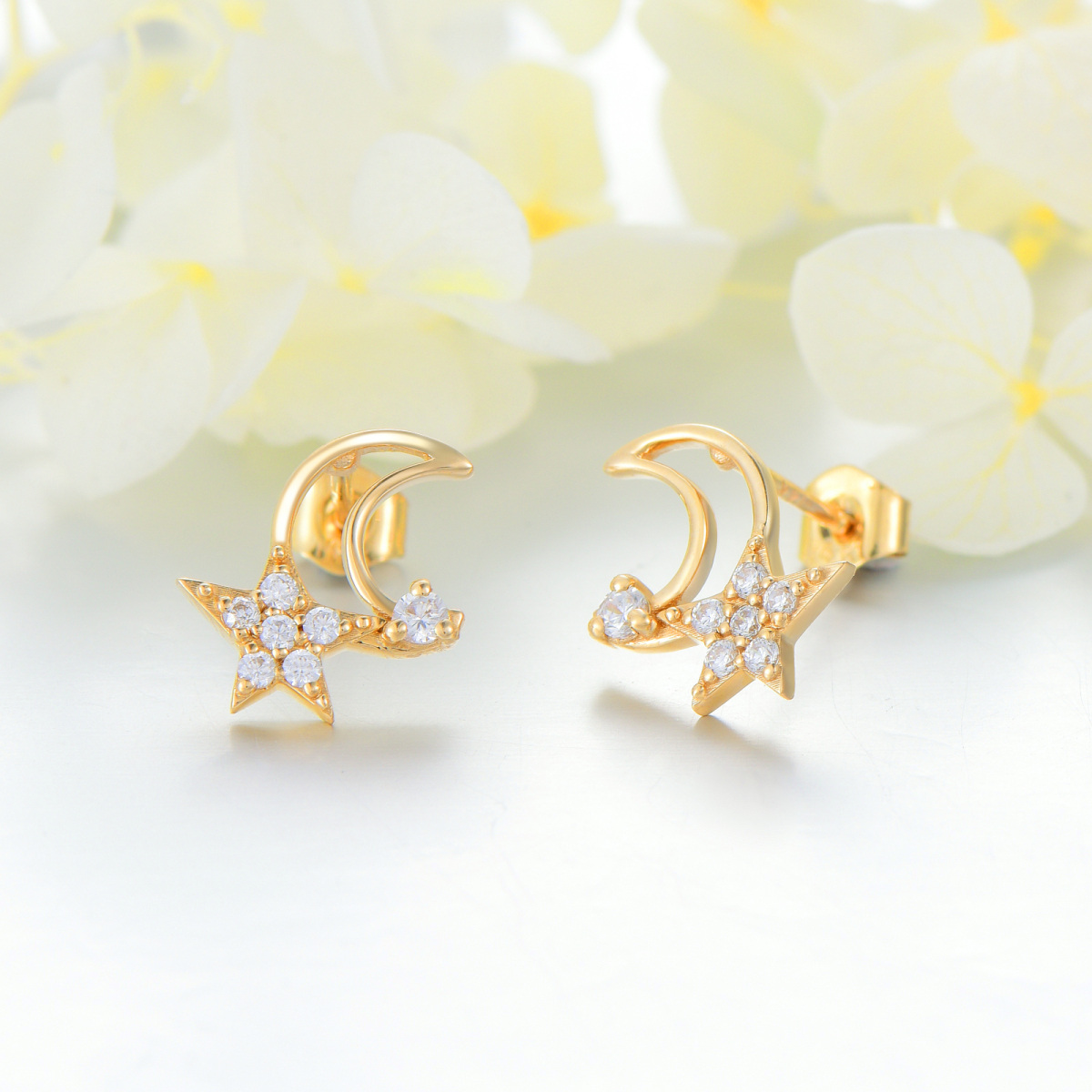 10K Gold Cubic Zirconia Moon & Star Stud Earrings-3