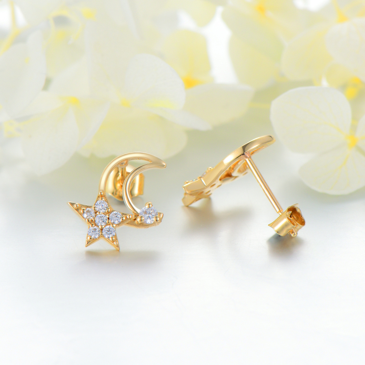 18K Gold Cubic Zirconia Moon & Star Stud Earrings-4