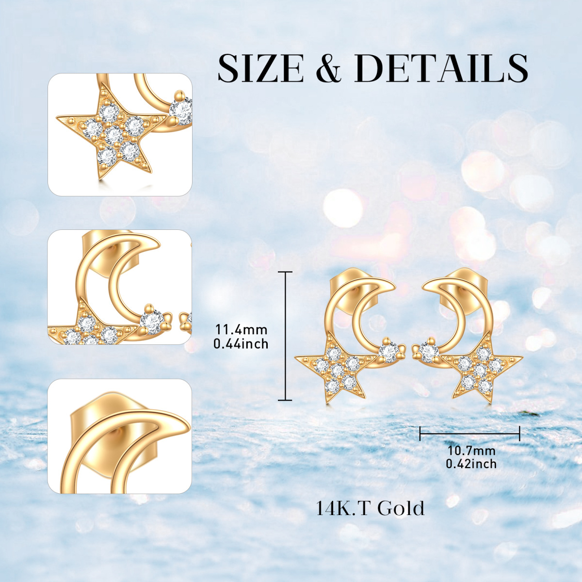 10K Gold Cubic Zirconia Moon & Star Stud Earrings-5