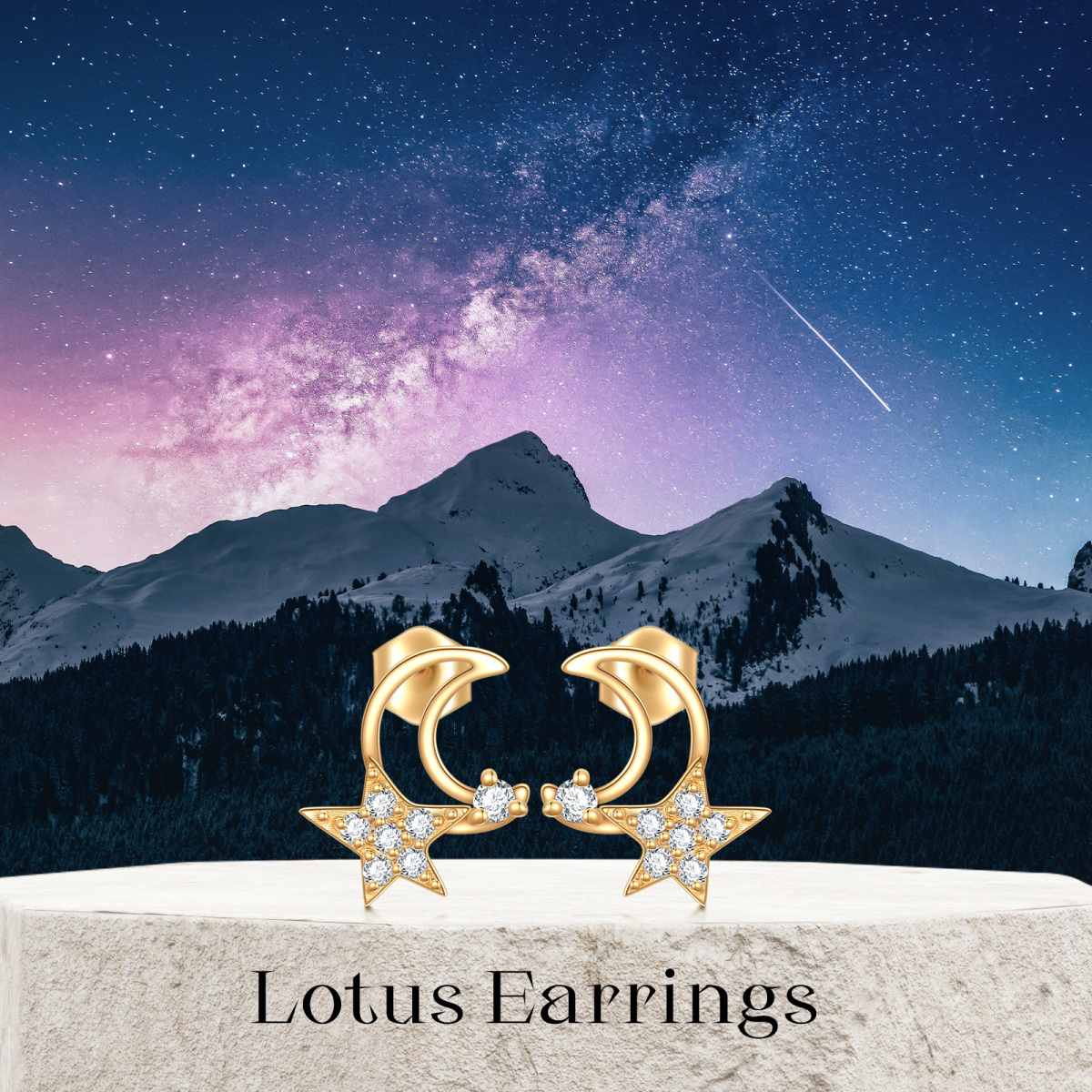 Boucles d'oreilles à tige en or 10 carats avec zircone cubique et étoile lune-6