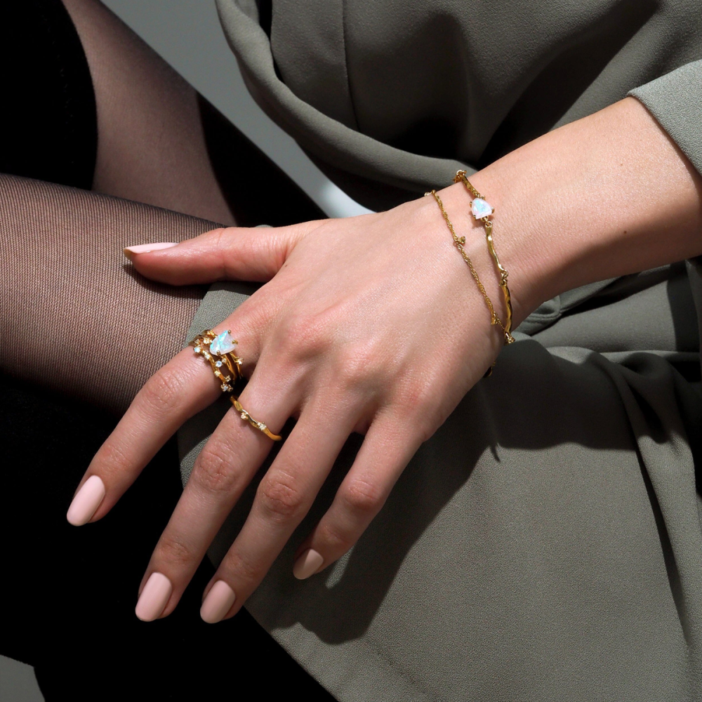 Sterling Silver with Yellow Gold Plated Moonstone Layerered Bracelet-3