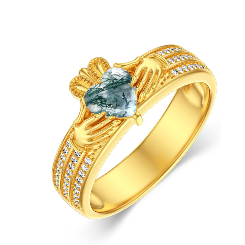 Anillo de Claddagh con corazón de ágata musgosa en oro de 18 quilates para mujer-1