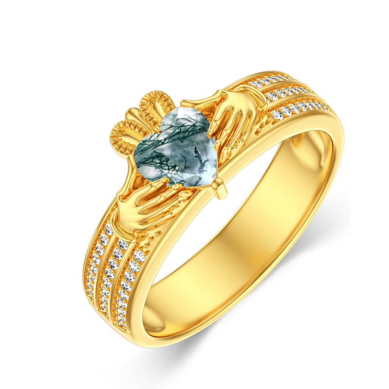 10K Gold Moss Agate Claddagh Heart Ring for Women-1