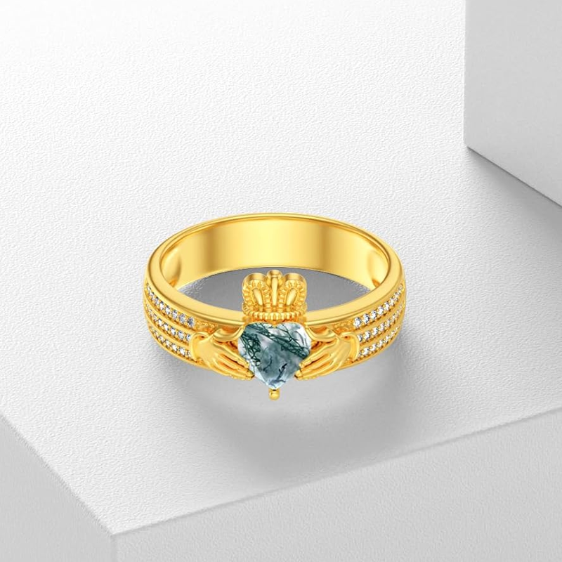 10K Gold Moss Agate Claddagh Heart Ring for Women-4