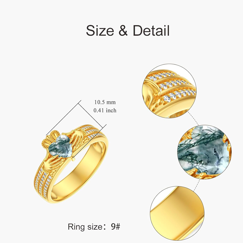 10K Gold Moss Agate Claddagh Heart Ring for Women-5