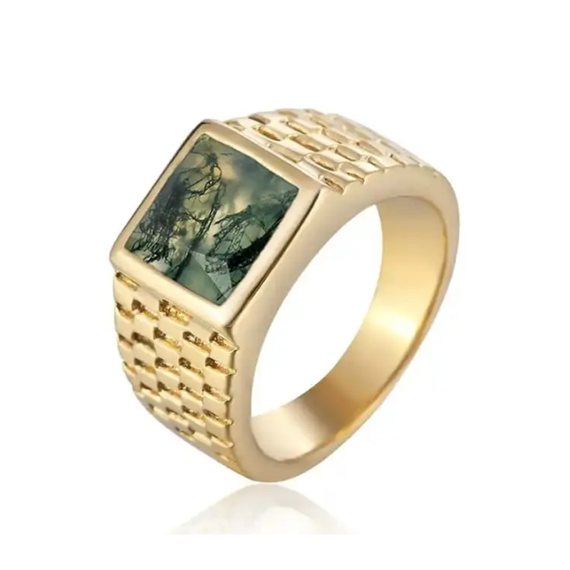 Bague en argent sterling plaqué or jaune avec agate mousse taille princesse pour homme-1