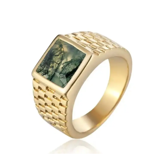 Anillo de oro de 10 quilates con ágata musgosa para hombre