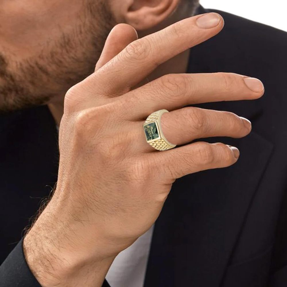 Bague en argent sterling plaqué or jaune avec agate mousse taille princesse pour homme-2