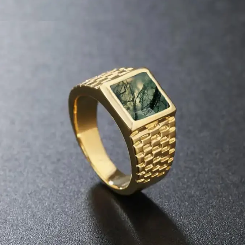 10K Gold Moosachat Ring für Herren-3