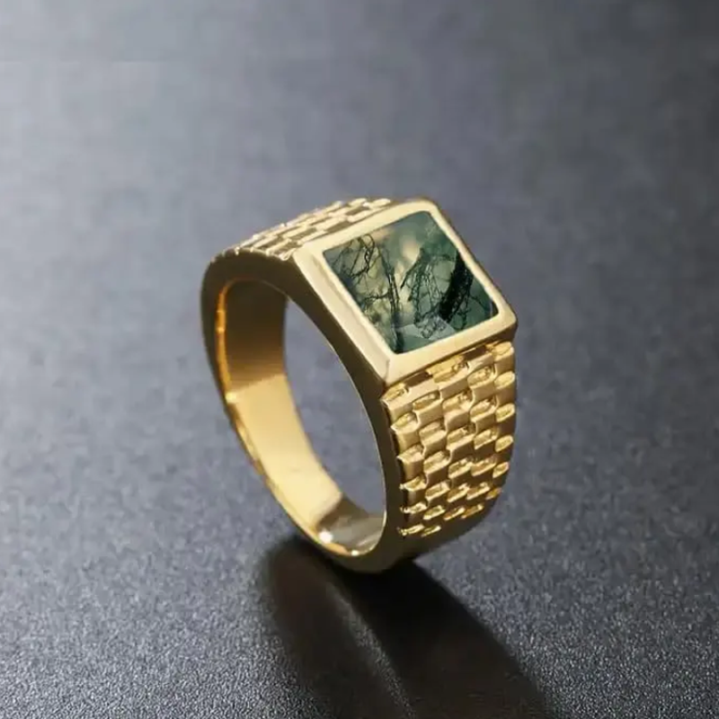 Sterling Silver with Yellow Gold Plated Princess Cut Moss Agate Ring for Men-3