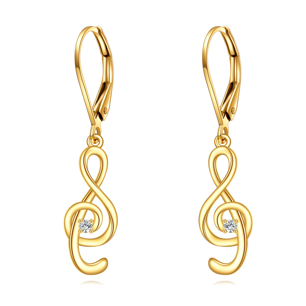 10K Gold Cubic Zirconia Music Symbol Lever-back Earrings-1