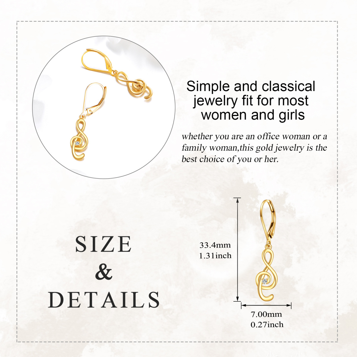 Boucles d'oreilles pendantes en or 10 carats avec symbole musical-5