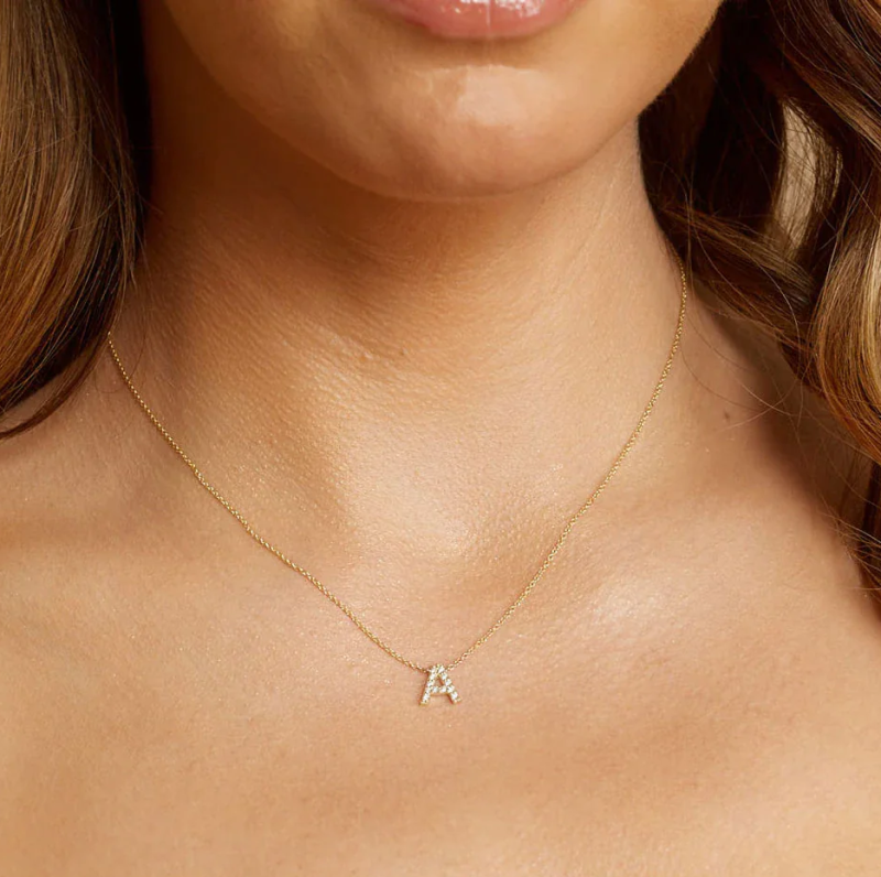 10K Gold Natrual Diamond Pave Letter Pendant Necklace-3