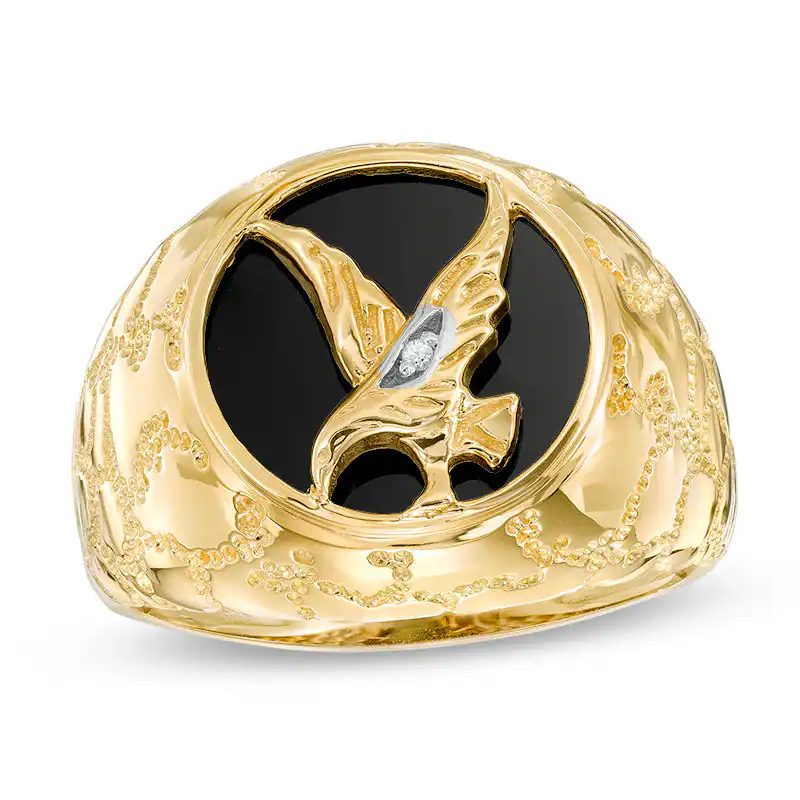 10K Gold Onyx Eagle and Diamond Accent Signet Ring for Men-1