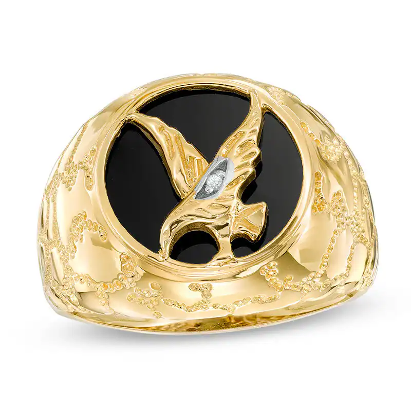 Anel de sinete personalizado de águia com diamante e ágata em formato redondo de ouro 10K para homens, cor I2, clareza IGI 3EX, certificado-2