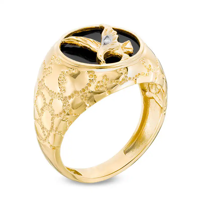 10K Gold Onyx Eagle and Diamond Accent Signet Ring for Men-3