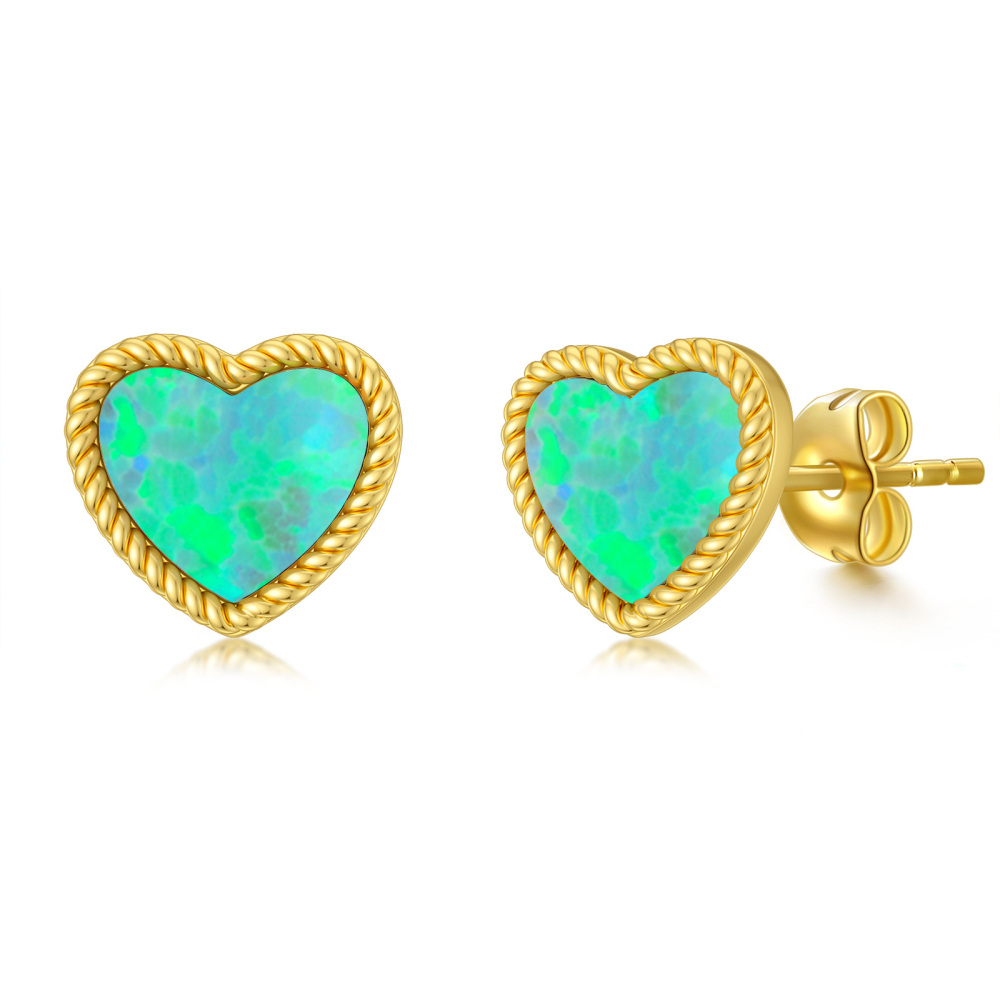 14K Gold Opal Heart Stud Earrings-1