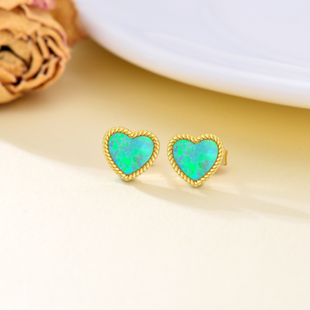 10K Gold Opal Heart Stud Earrings-3