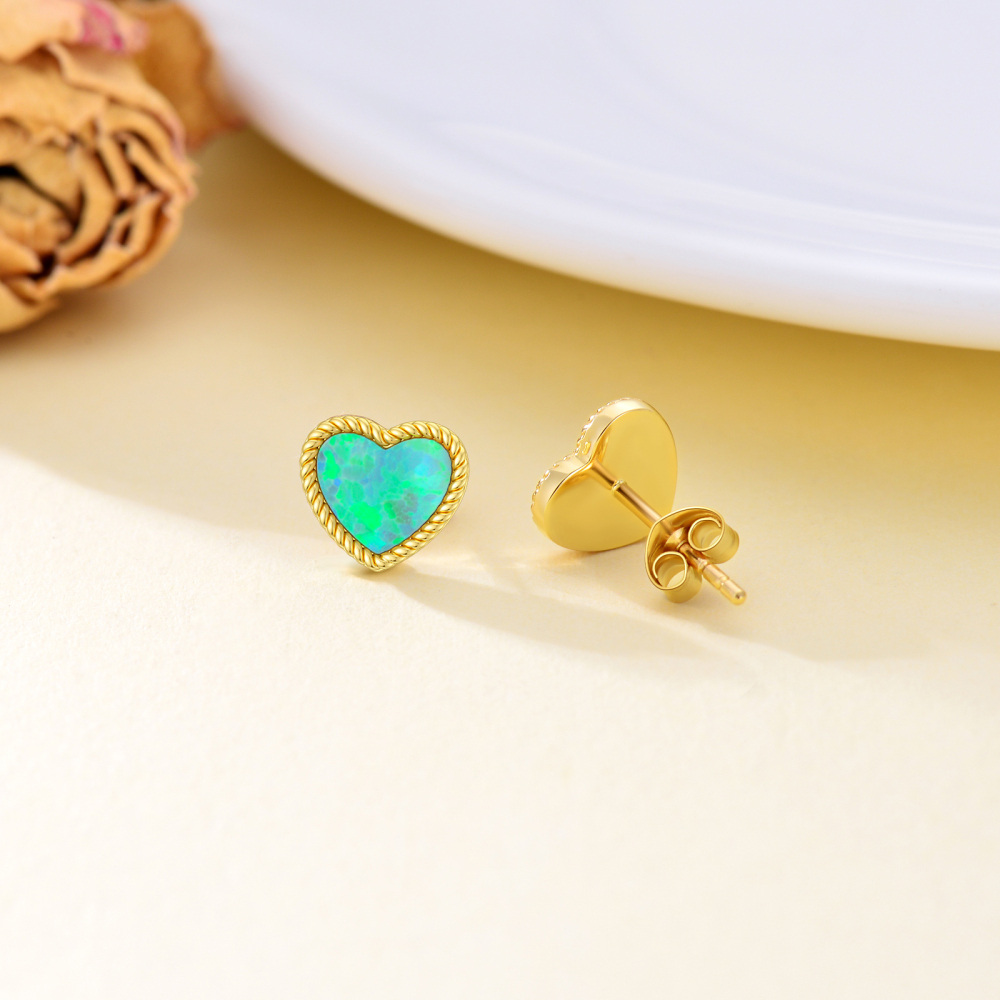 14K Gold Opal Heart Stud Earrings-4