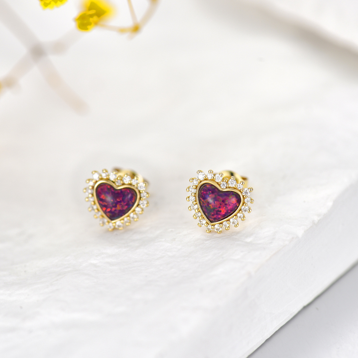 10K Gold Opal Heart Stud Earrings-2