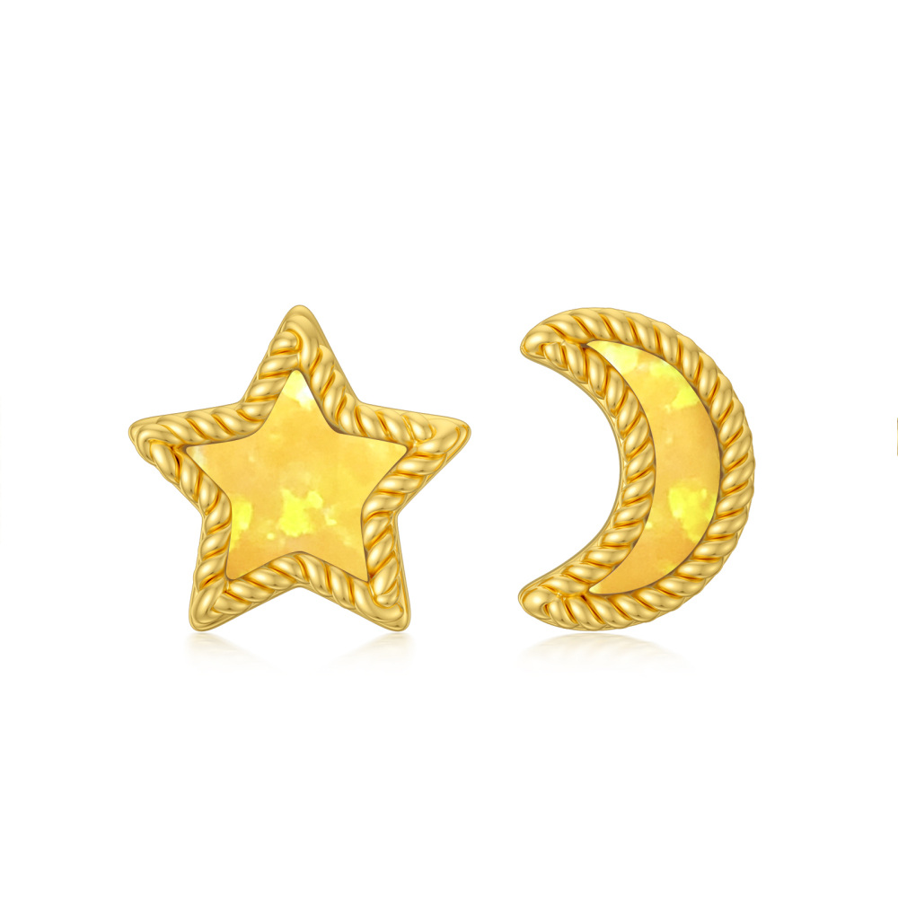 18K Gold Opal Moon & Star Stud Earrings-1