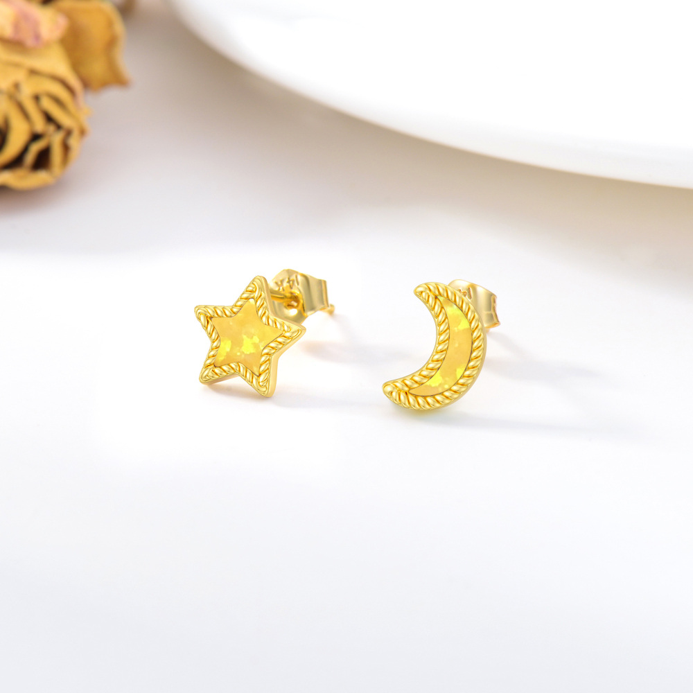 18K Gold Opal Moon & Star Stud Earrings-3