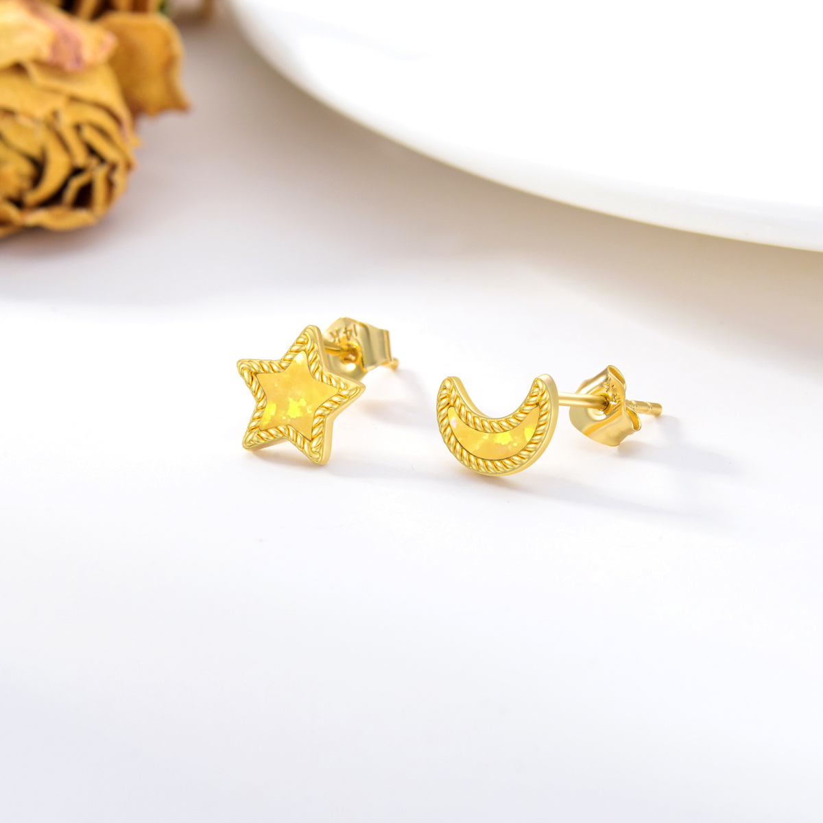 10K Gold Opal Moon & Star Stud Earrings-4