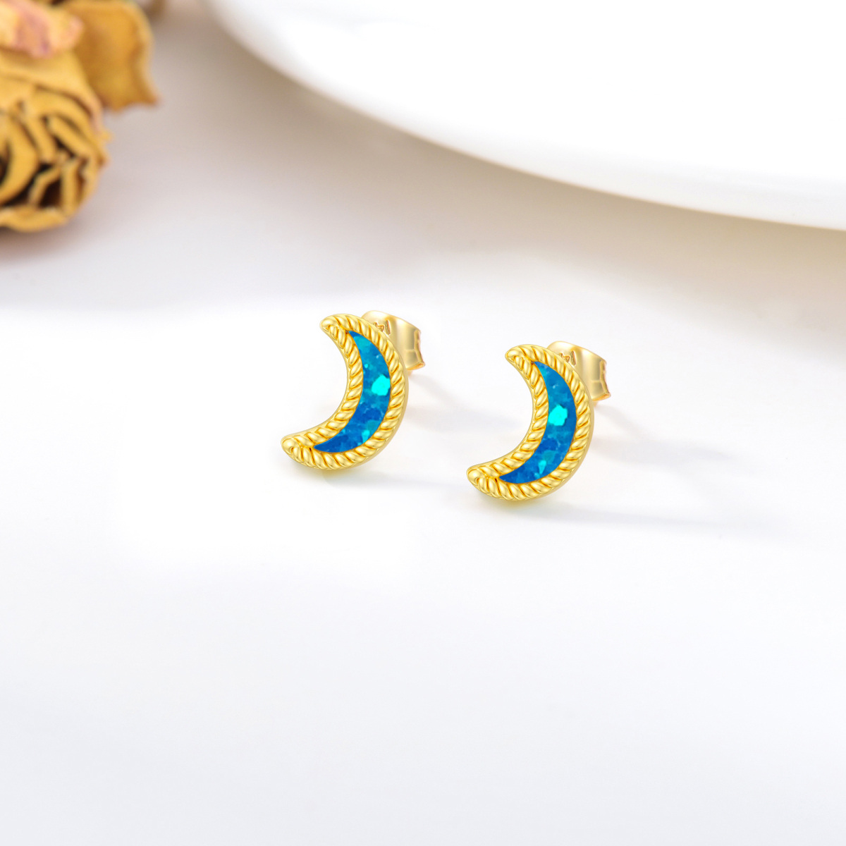 10K Gold Opal Moon Stud Earrings-3