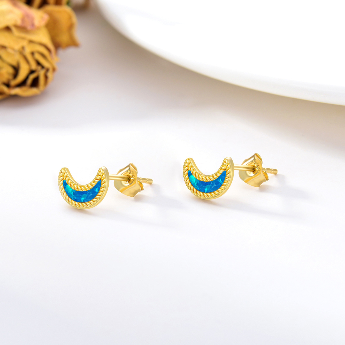 10K Gold Opal Moon Stud Earrings-4