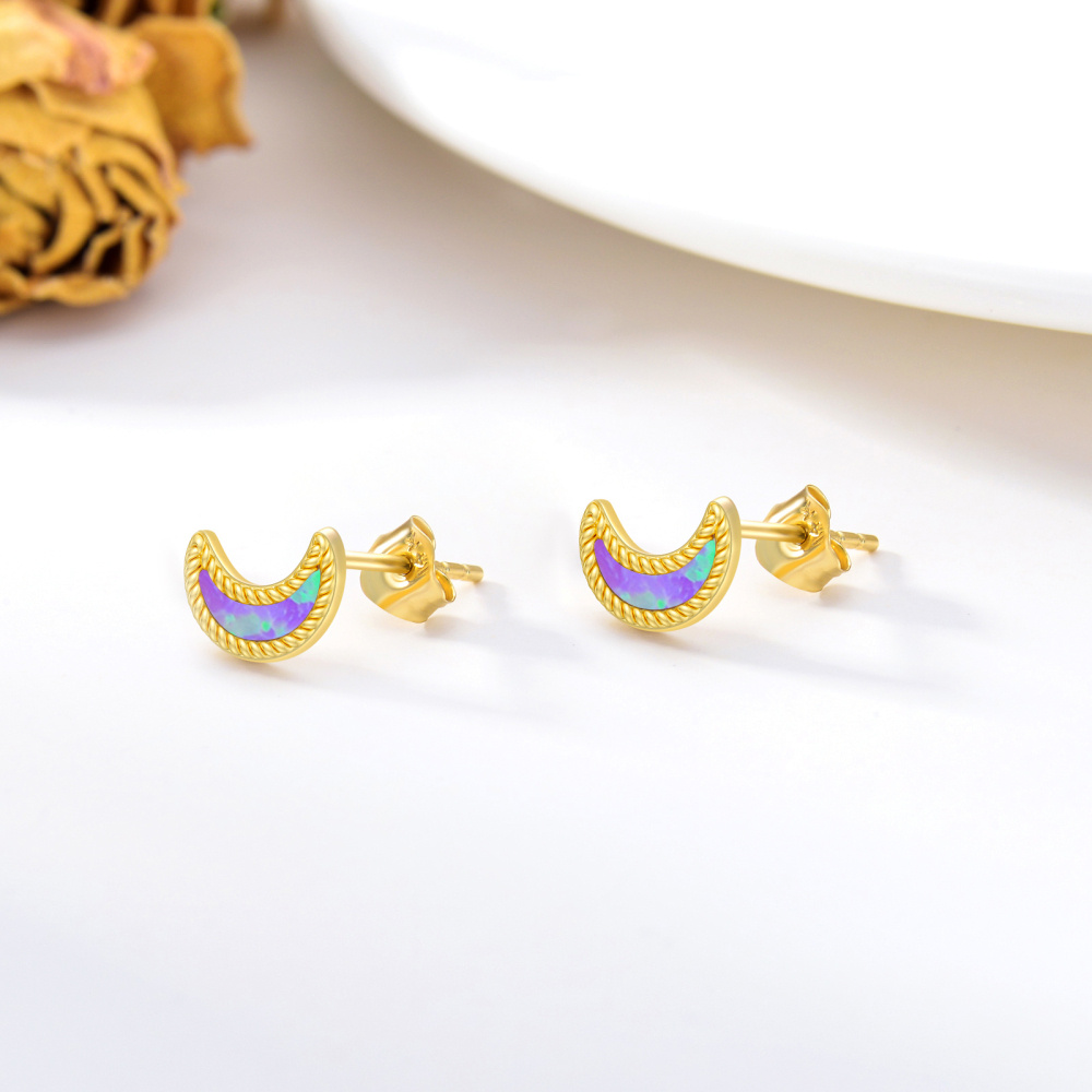 10K Gold Opal Moon Stud Earrings-4