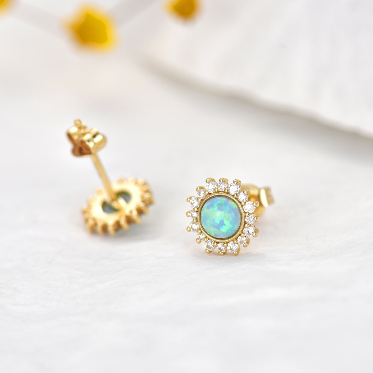 10K Gold Opal Round Stud Earrings-3