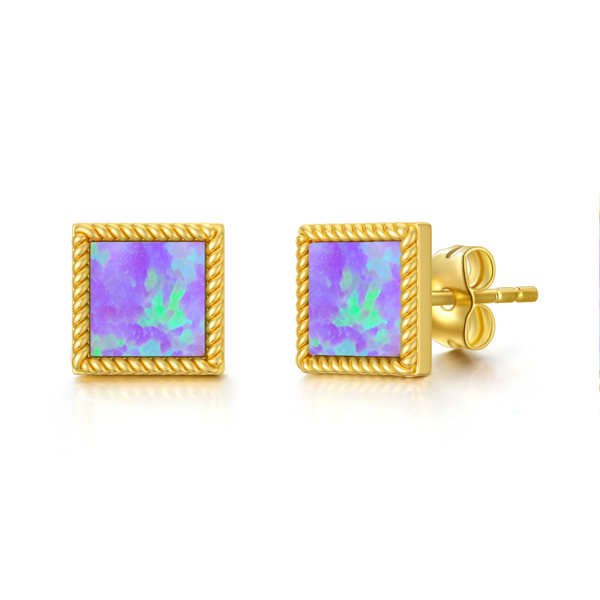 10K Gold Opal Square Stud Earrings-1