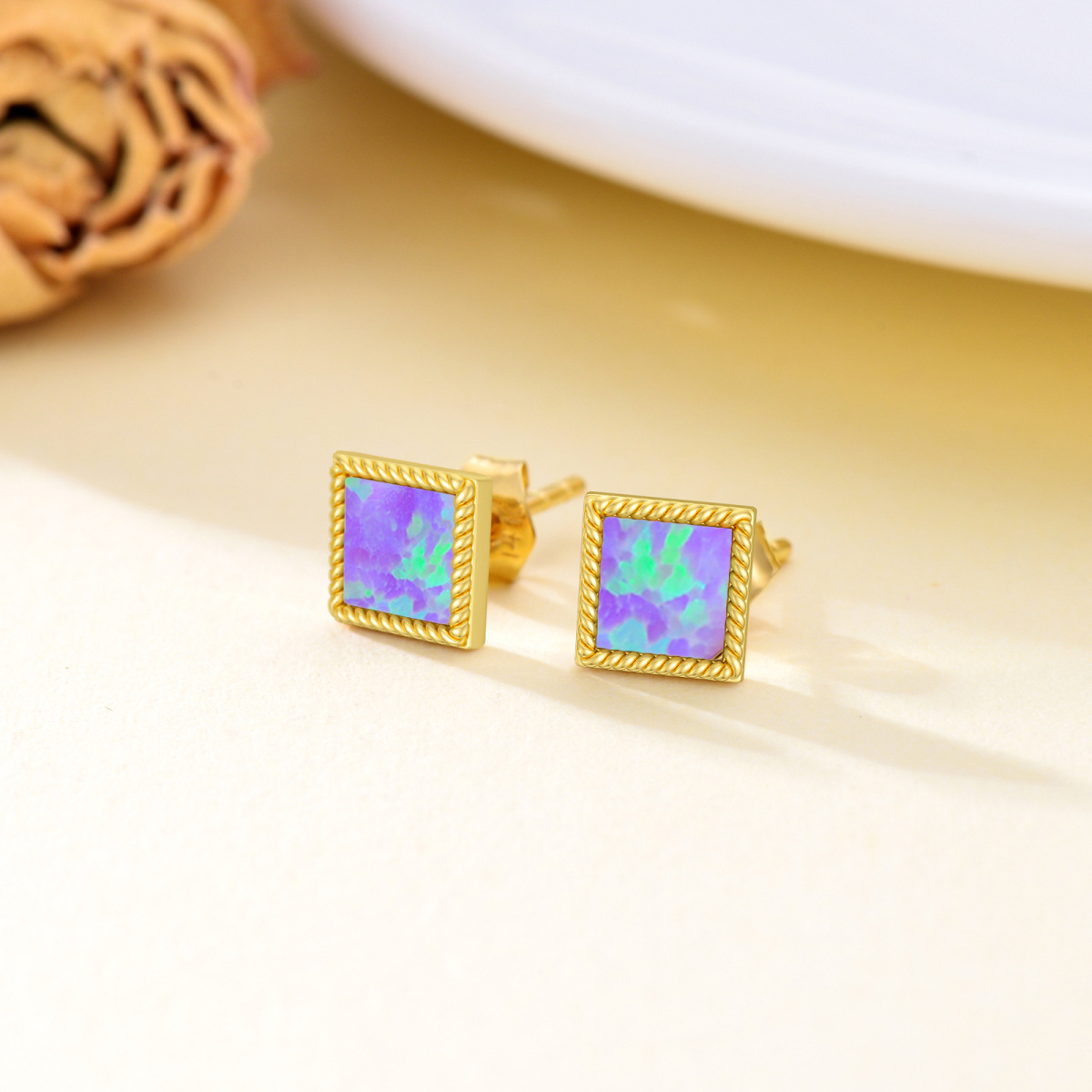 10K Gold Opal Square Stud Earrings-3